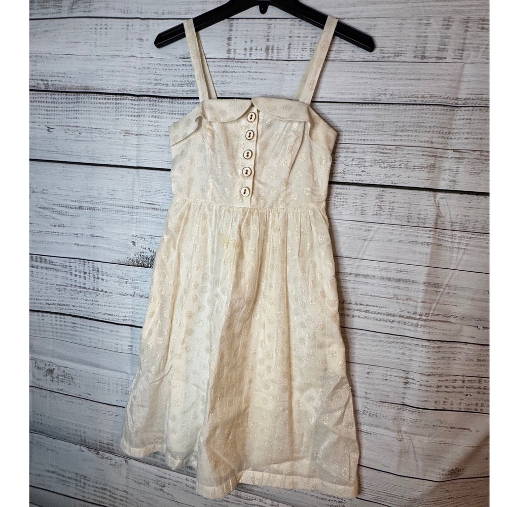Maeve Anthropologie Ivory Gold Metallic Polka Dot Button Front Smocked Dress